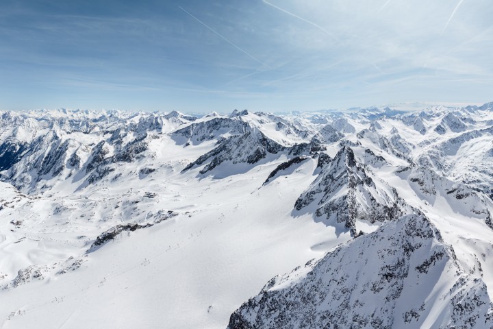 Stubaital, Tyrol - Mountain panorama in winter. Snow-covered peaks