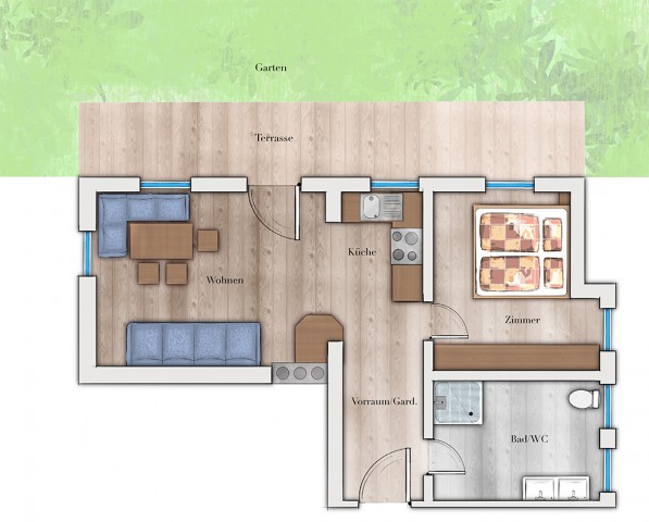 Sketch of the Gletscherglühen vacation apartment with room layout