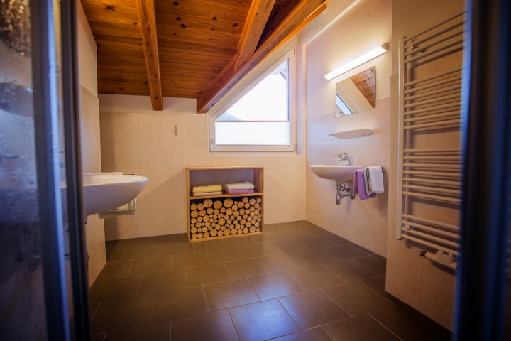 Badezimmer mit Dusche und zwei Waschbecken, modernes und funktionelles Design und natürliches Licht durch Fenster