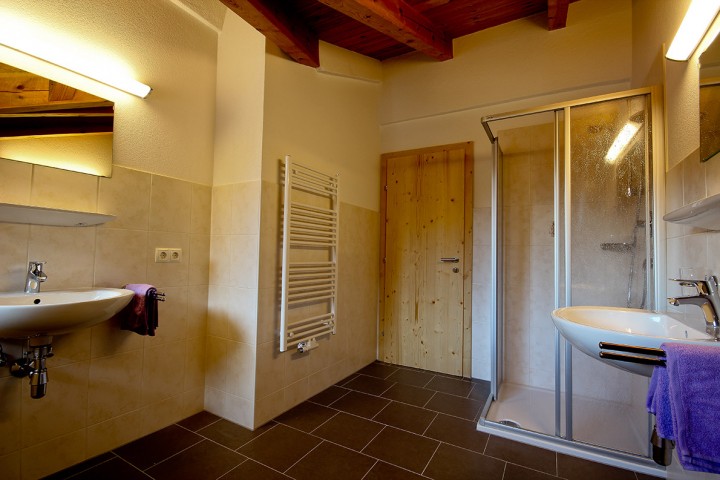 Bathroom with shower and two washbasins, modern and functional design, ideal for daily use.