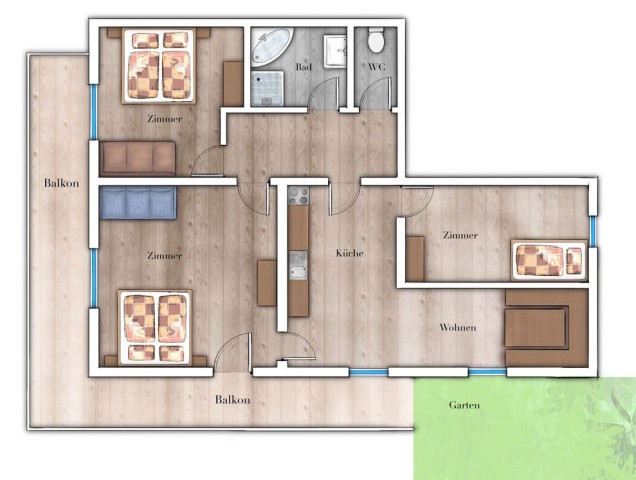 Skizze der Ferienwohnung Morgentau mit Aufteilung der Zimmer