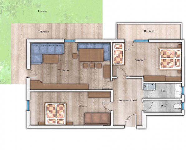 Skizze der Ferienwohnung Lärchenwald mit Aufteilung der Zimmer