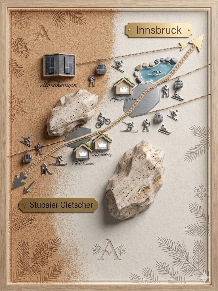 Talplan der Häuser Alpenkönig, Alpenkönigin und Alpenprinzessin mit Darstellung der Aktivitäten in der näheren Umgebung